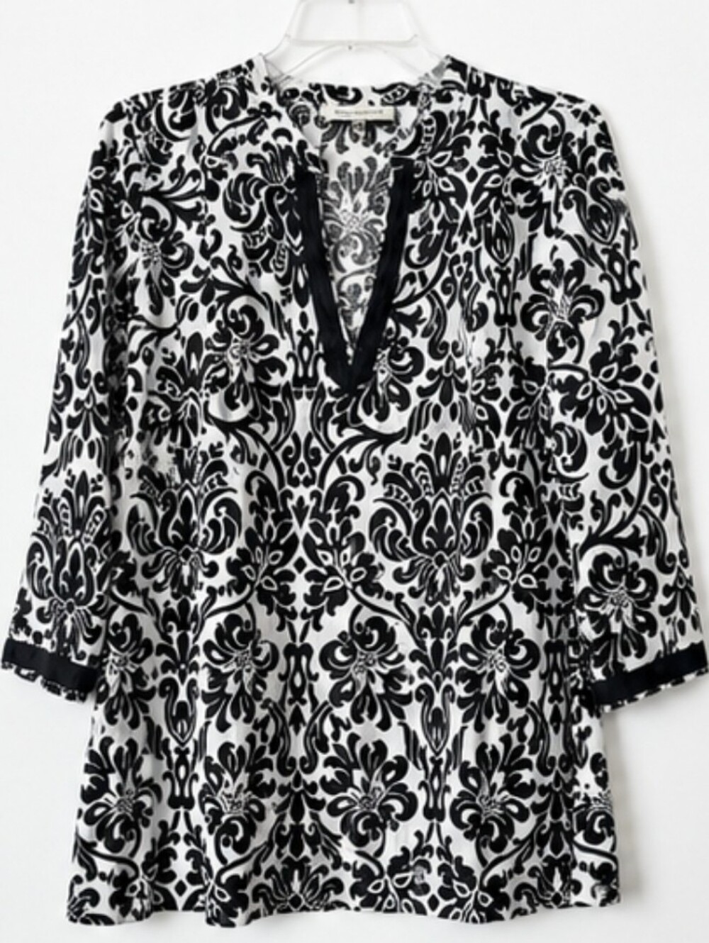 Jones New York Sport 100% Linen Black White Damask Tunic Blouse Women's S